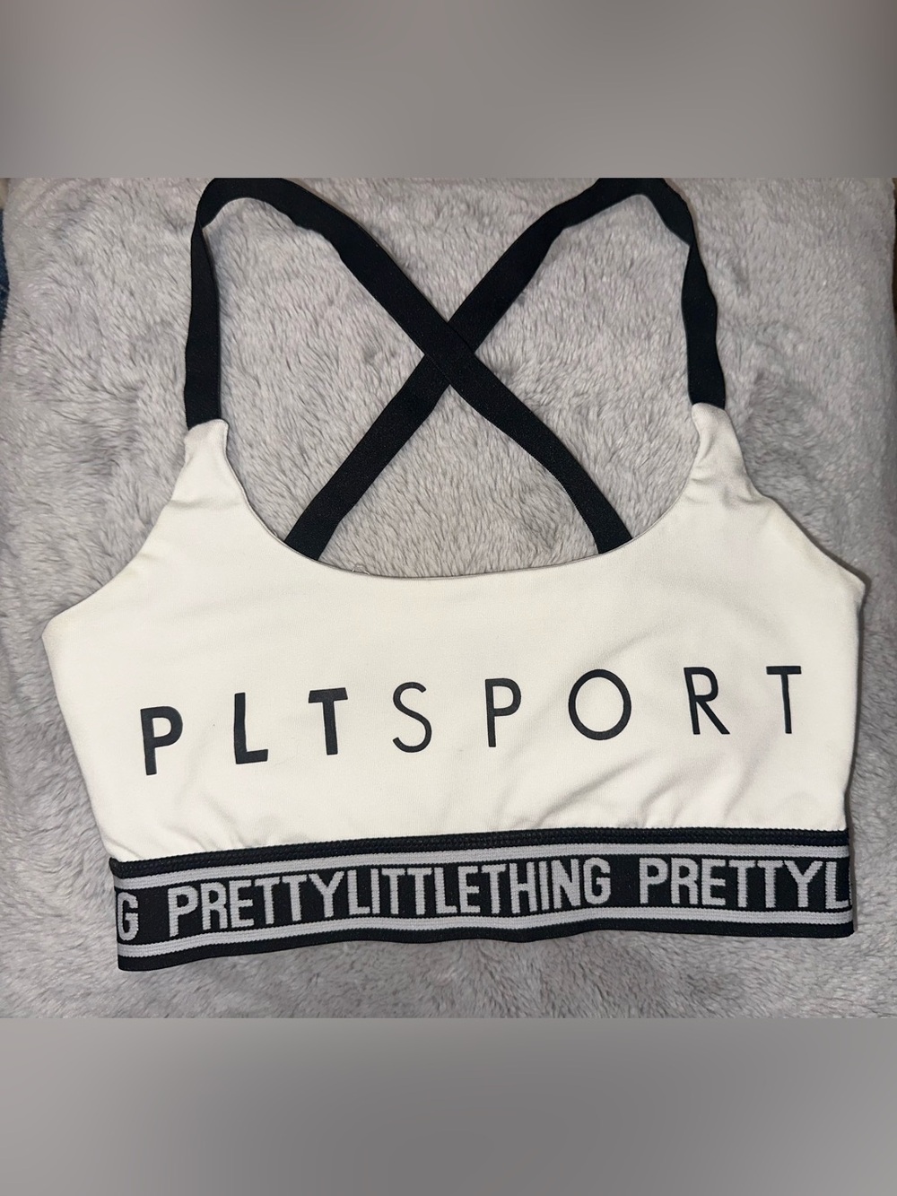 PrettyLittleThing White & Black PLTSPORT Cross-Back Sports Bralette
